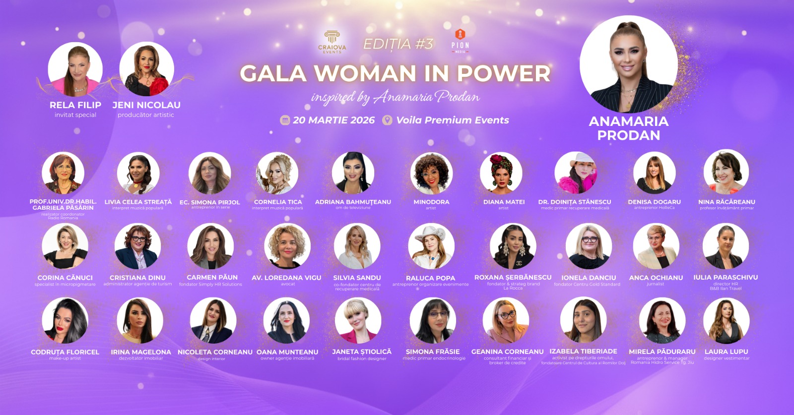 Pe 20 martie, Craiova celebrează performanța feminină la Gala Woman in Power inspired by Anamaria Prodan, ediția #3